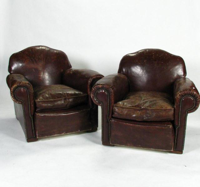 Appraisal: Vintage Pair of French Art Deco style leather upholstered club