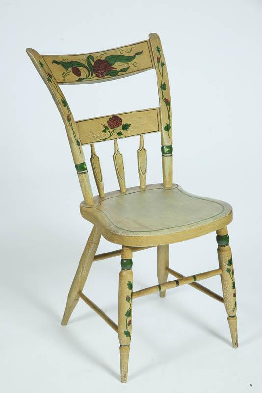 Appraisal: FOUR PAINT DECORATED SIDE CHAIRS Yellow half arrow back chairs