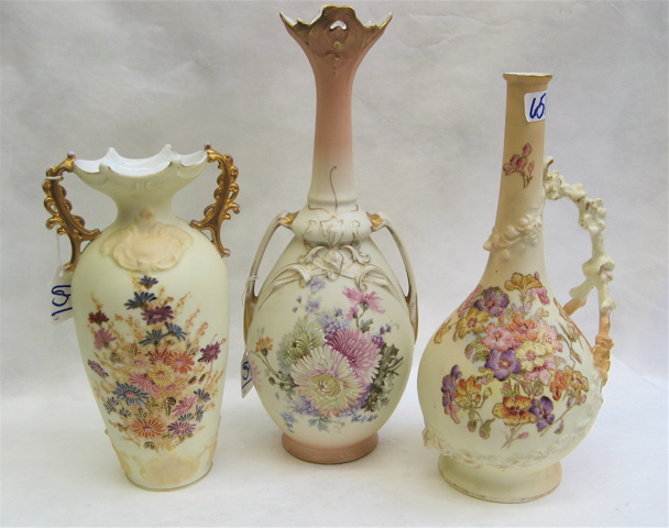 Appraisal: THREE GERMAN VICTORIAN PORCELAIN VASES having hand enameled colorful floral