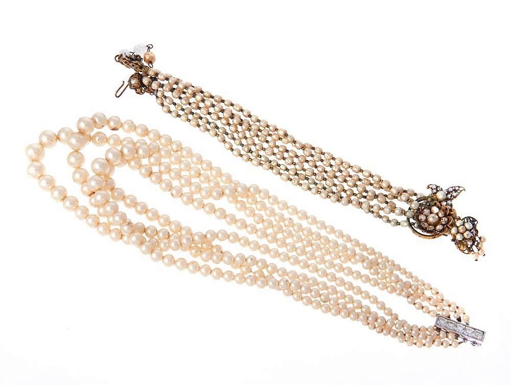 Appraisal: DeMario faux pearl rhinestone double strand necklace together with strands