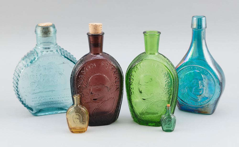 Appraisal: SIX GLASS BOTTLES WITH BENJAMIN FRANKLIN DECORATION TH CENTURY HEIGHTS