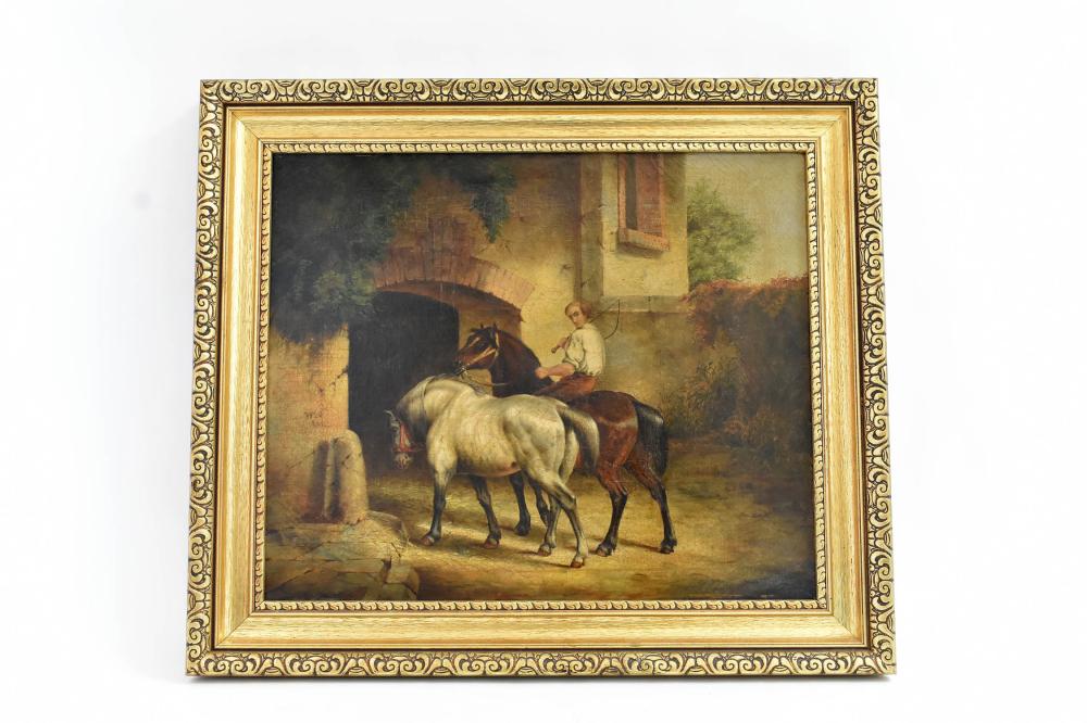 Appraisal: BRITISH AMERICAN SCHOOL MID- TH CENTURY Groom with Two Horses