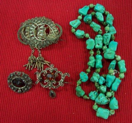 Appraisal: Three filigree brooches and a turquoise bead necklace