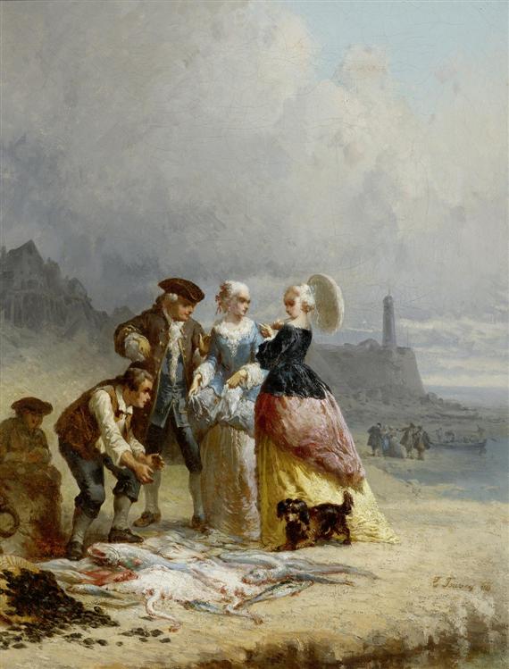 Appraisal: ISABEY EUGENE Paris Selling fish on the beach Oil on