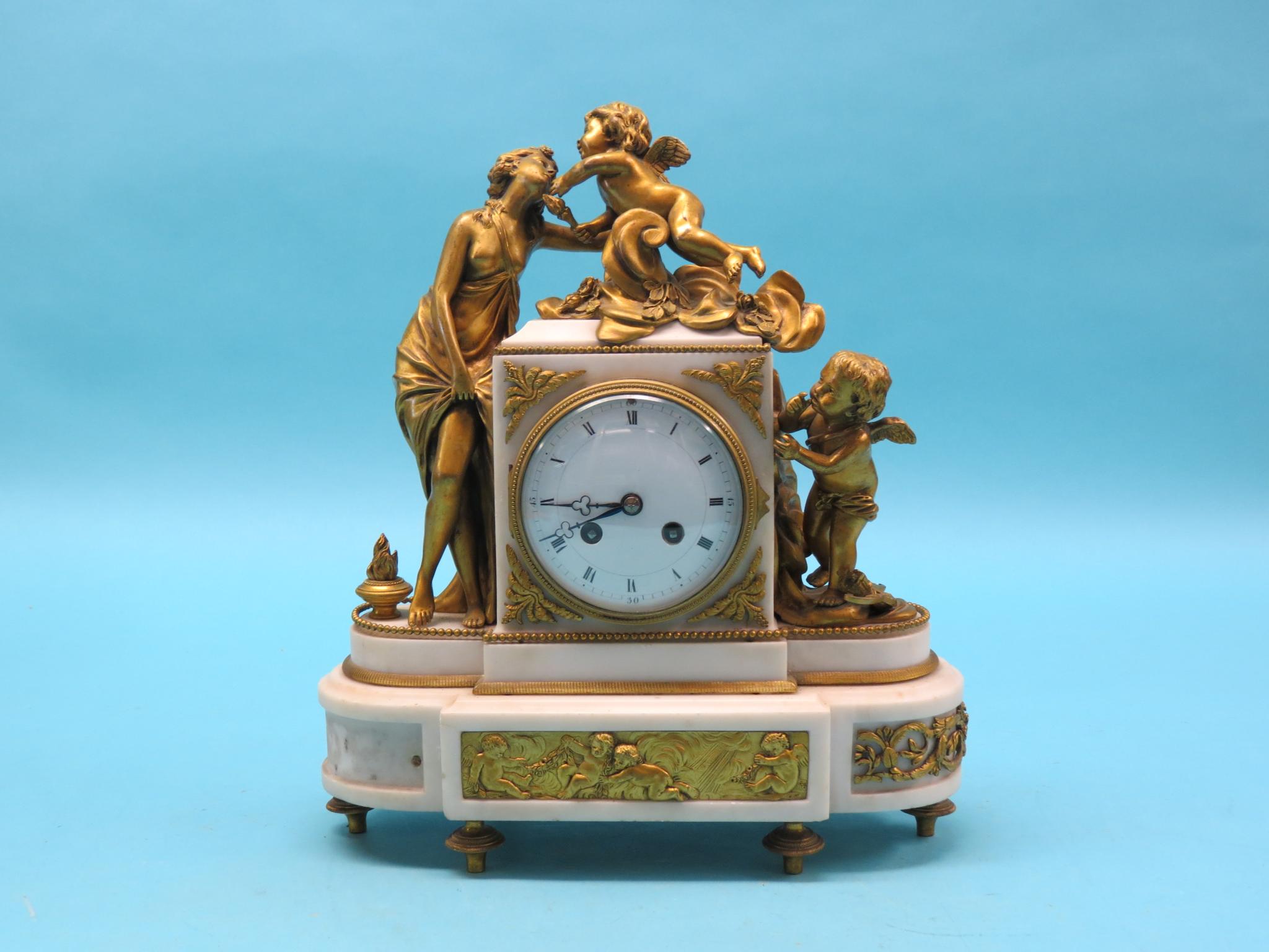 Appraisal: A th century French ormolu and white marble mantel clock