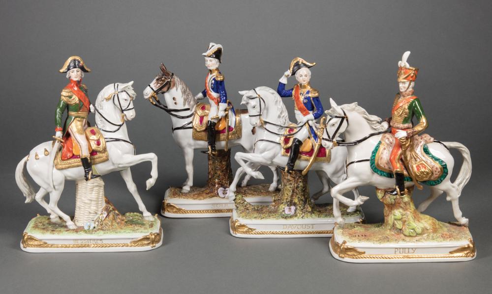 Appraisal: Four Scheibe-Alsbach Polychrome and Gilt Porcelain Figures of Napoleonic Officers