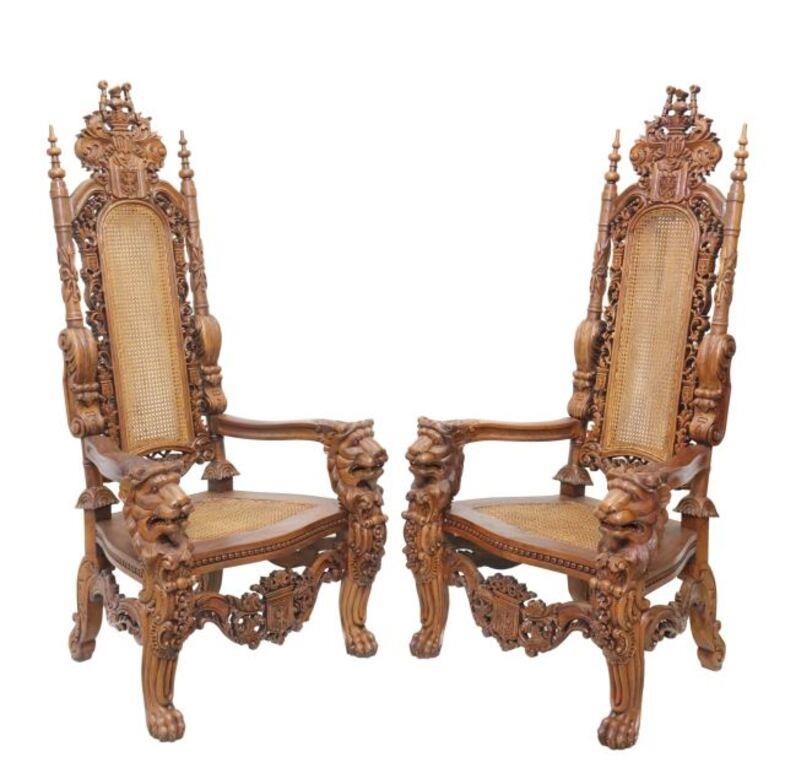 Appraisal: pair Highly carved highback chairs th c decorated with finials