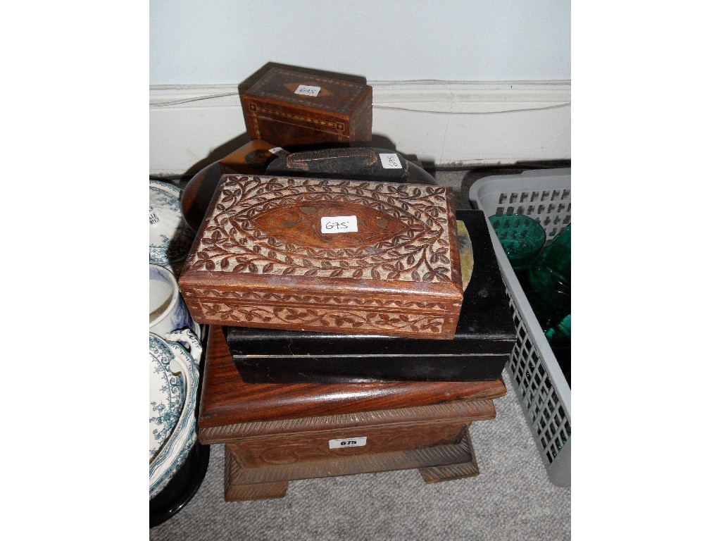 Appraisal: Lot comprising opera glasses Mauchline money bank assorted wooden boxes