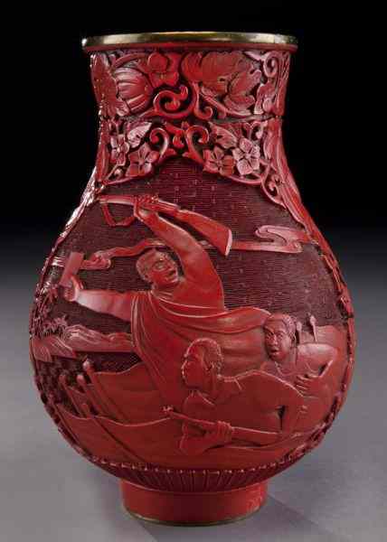 Appraisal: Chinese Cultural Revolution carved cinnabar vasedepicting soldiers running with guns