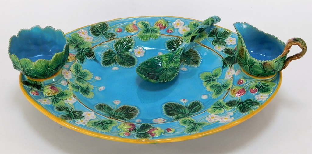 Appraisal: FINE GEORGE JONES MAJOLICA STRAWBERRY SERVING SET England Late th