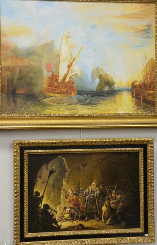 Appraisal: Group of four framed paintings unsigned sunrise ships near island