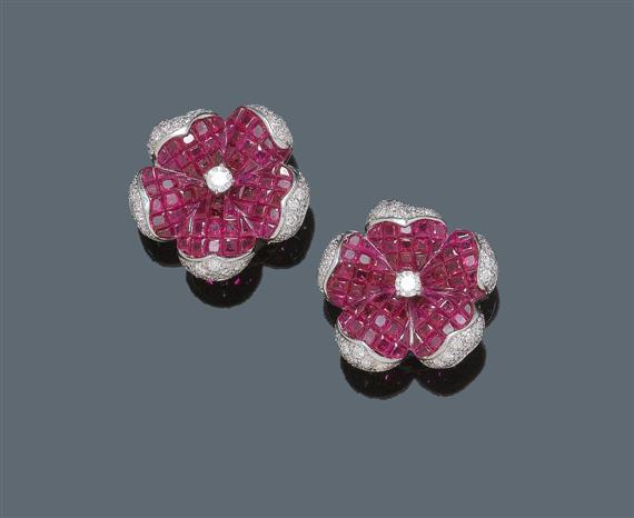 Appraisal: RUBY AND DIAMOND EAR CLIPS White gold Decorative elegant ear