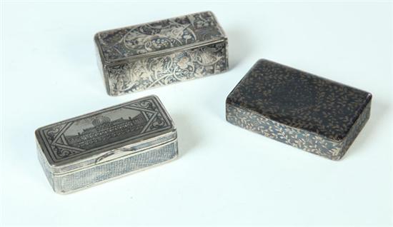 Appraisal: THREE SILVER NIELLO BOXES The first marked for Moscow assayer