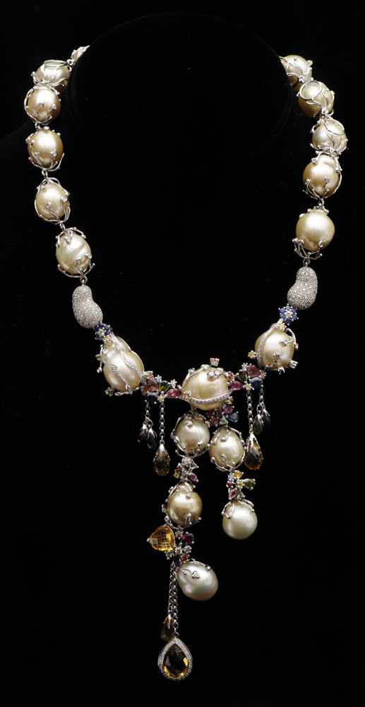 Appraisal: K WHITE GOLD CULTURED BAROQUE PEARLS COLORED STONE AND DIAMOND