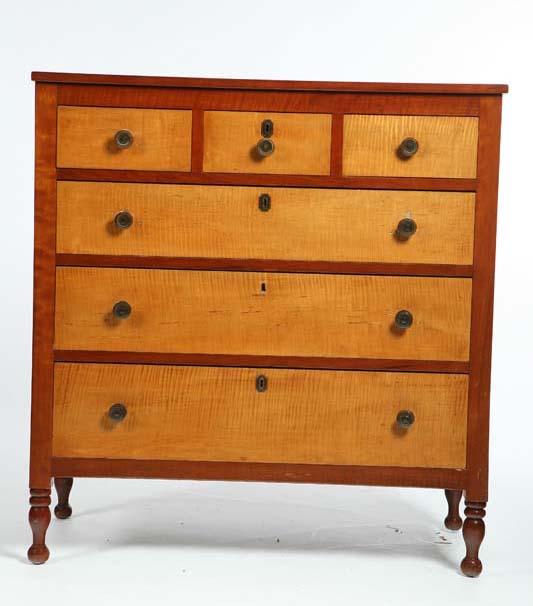 Appraisal: CHEST OF DRAWERS Cherry and curly maple with three top