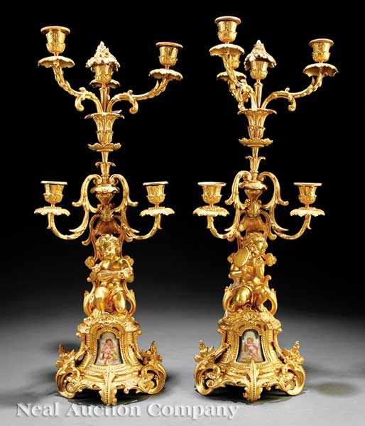 Appraisal: A Pair of Louis XV-Style S vres-Mounted Gilt Bronze Six-Light