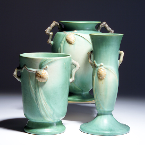 Appraisal: Three ROSEVILLE Green Pine Cone vases to include - nick