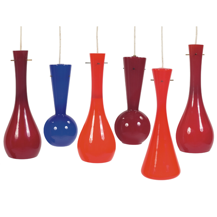 Appraisal: Vistosi glass hanging lamps six Italy three dark red two