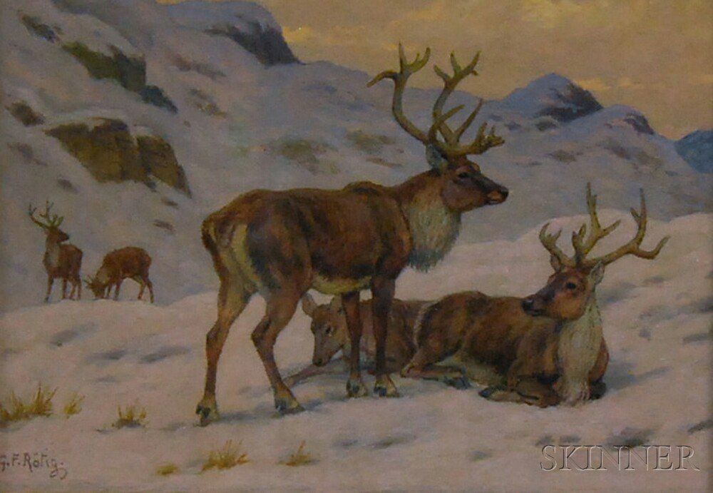 Appraisal: Georges Frederic R tig French - Elk in Winter Landscape