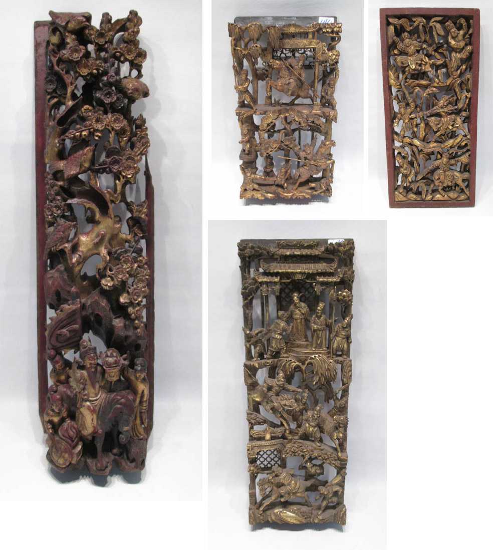 Appraisal: FOUR CHINESE GILT WOOD ARCHITECTURAL REMNANTS each with carved narrative