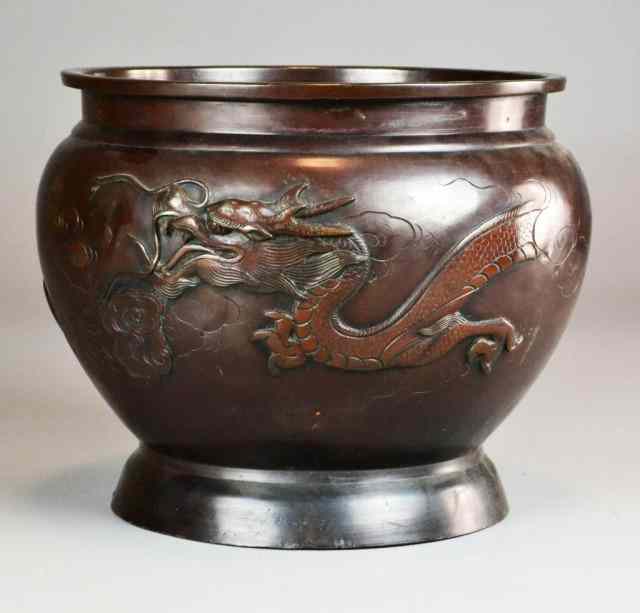 Appraisal: Chinese or Japanese Bronze Jardiniere - SignedBulbous bronzefooted jardiniere with