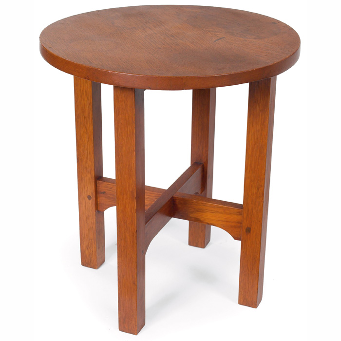 Appraisal: Gustav Stickley tabouret circular top over notched cross-stretcher supports refinished