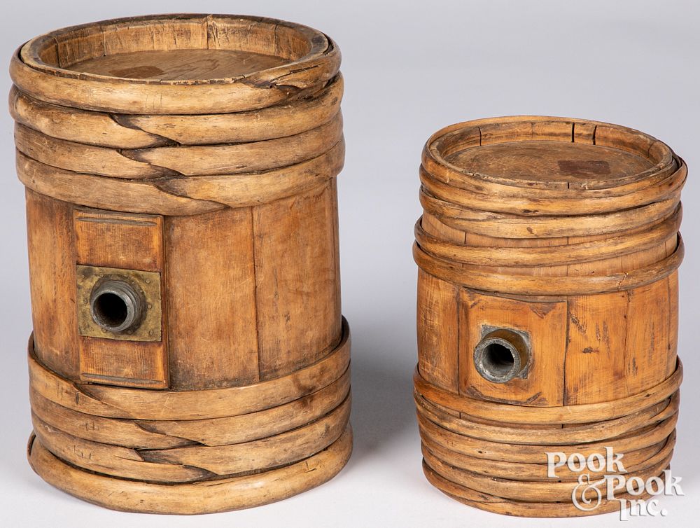 Appraisal: Two Scandinavian wood staved kegs th c Two Scandinavian wood