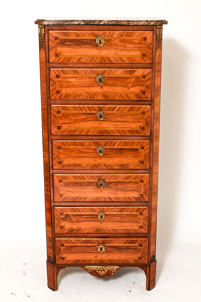 Appraisal: French Marquetry Semainier w Italian Marble Top French marquetry semainier