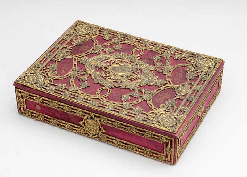 Appraisal: E F CALDWELL R GENCE STYLE GILT-METAL-MOUNTED MAROON VELVET-COVERED HUMIDOR