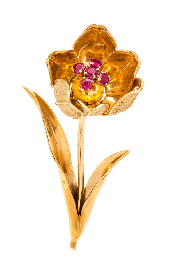 Appraisal: Sale Lot An Karat Yellow Gold and Ruby Articulated Flower