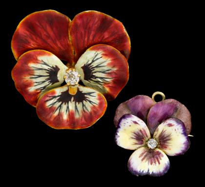 Appraisal: Pair of enamel and diamond pansy pinsOne red pansy accented