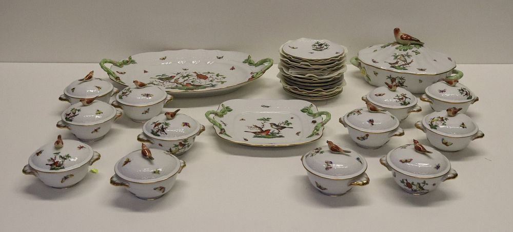 Appraisal: Herend Rothschild Bird Service Porcelain Grouping To Include Large Serving