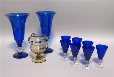 Appraisal: PAIR OF LARGE BLUE GLASS VASES Together with seven blue