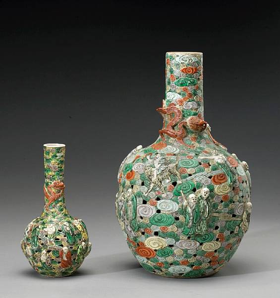 Appraisal: Two famille verte biscuit glazed porcelain vases with reticulated decoration