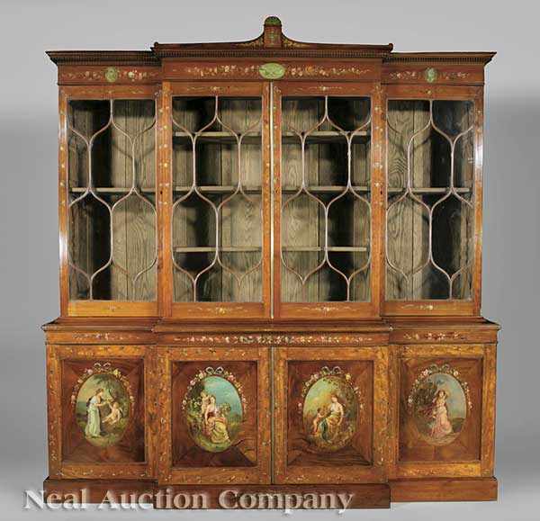 Appraisal: A Very Fine Edwardian Paint-Decorated Mahogany Breakfront Bookcase c -