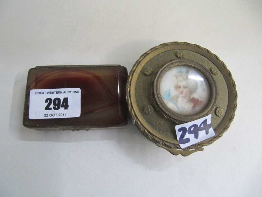 Appraisal: Lot comprising pictorial box and an agate snuff box