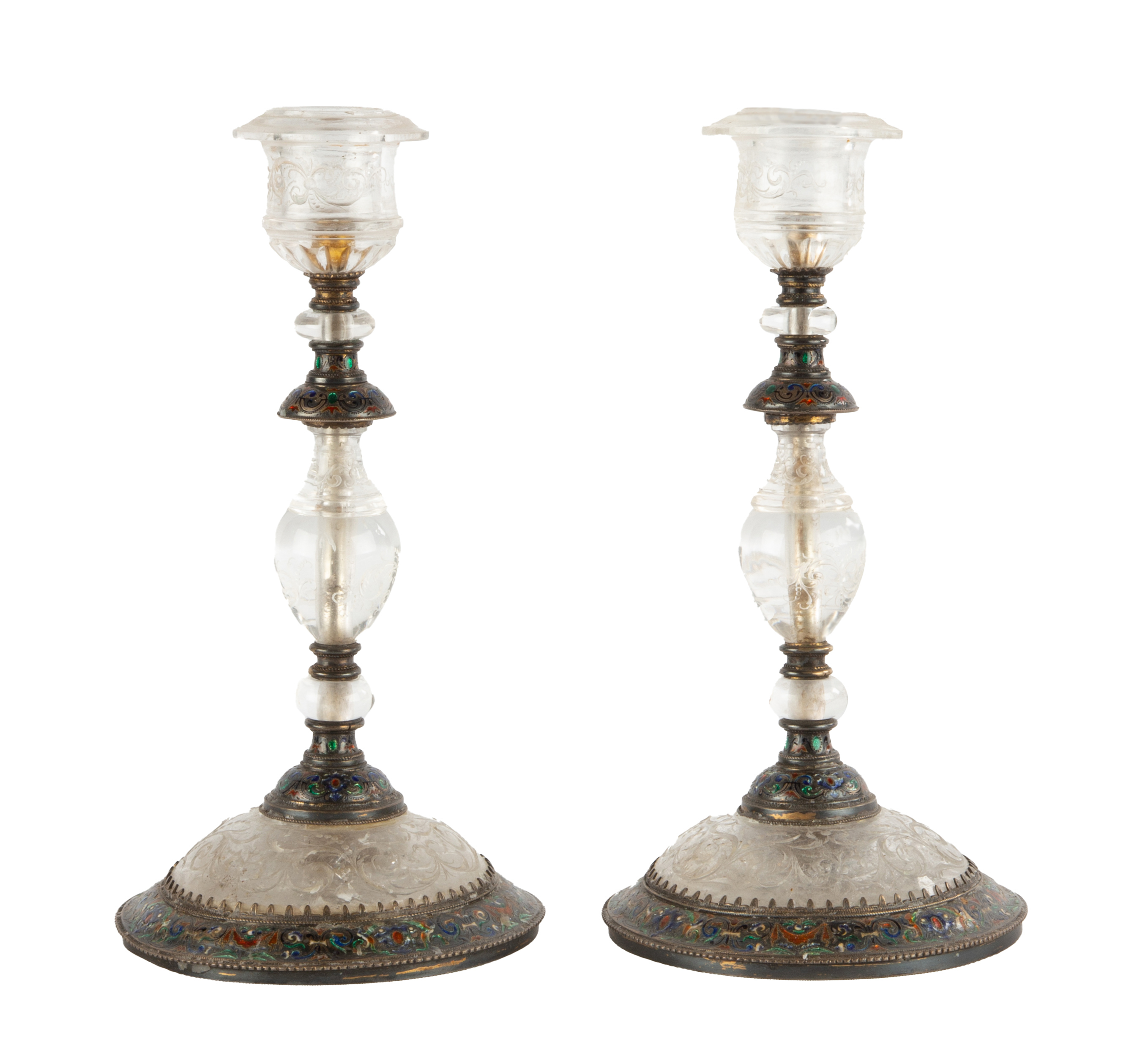 Appraisal: PAIR OF EARLY AUSTRIAN SILVER MOUNTED ROCK CRYSTAL AND ENAMELED