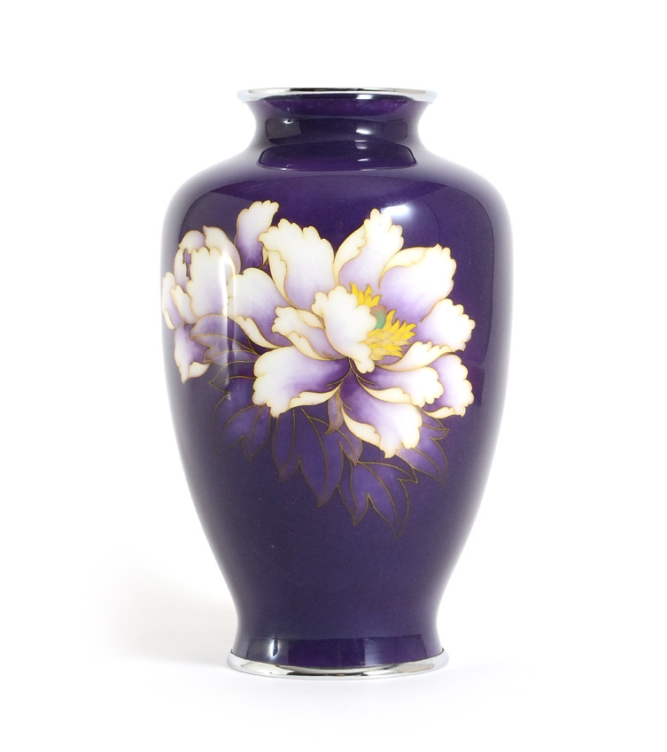 Appraisal: LARGE JAPANESE PURPLE CLOISONNE VASE Flower blossoms on purple ground