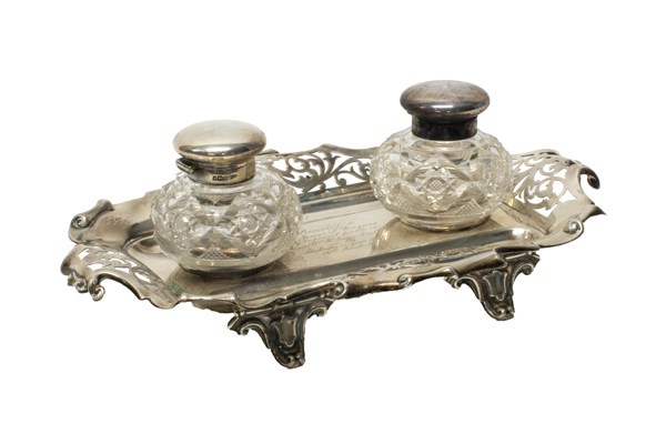 Appraisal: A silver twin bottle inkstand of shaped rectangular form with