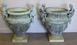 Appraisal: Pair of Large and Impressive Patinated Bronze Urns With Bacchanal