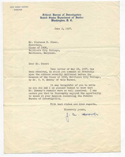 Appraisal: pieces Typed Letters Signed Hoover J Edgar Washington D C