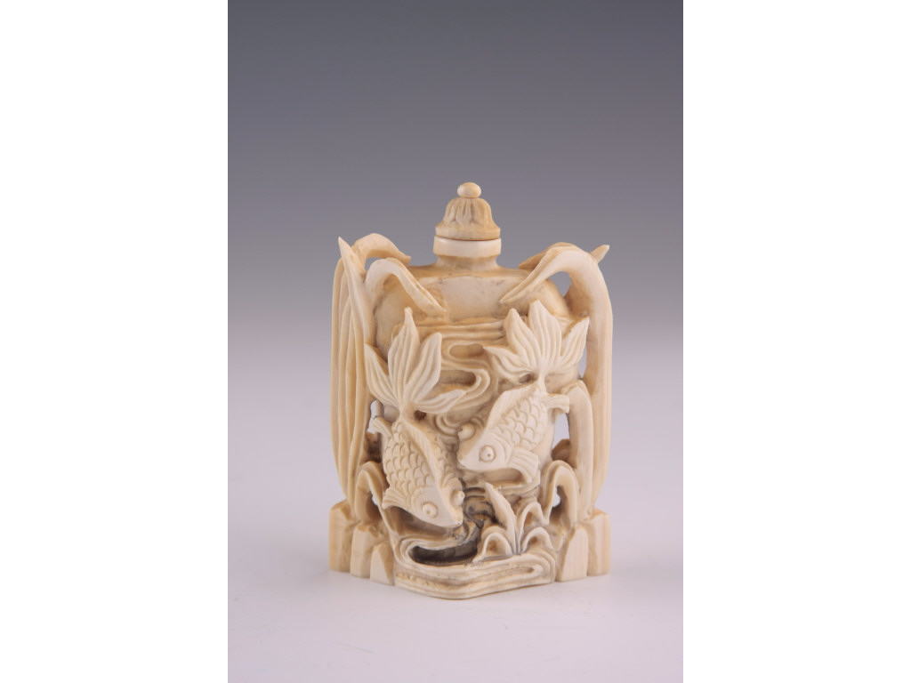 Appraisal: Ivory Snuff Bottle Mid-Century fluidly carved with fantail fish swimming