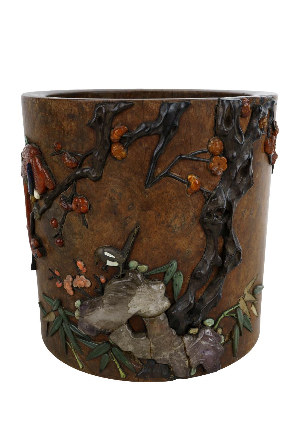 Appraisal: CHINESE HARDSTONE INLAID BRUSH POT inches diameter inches high Condition