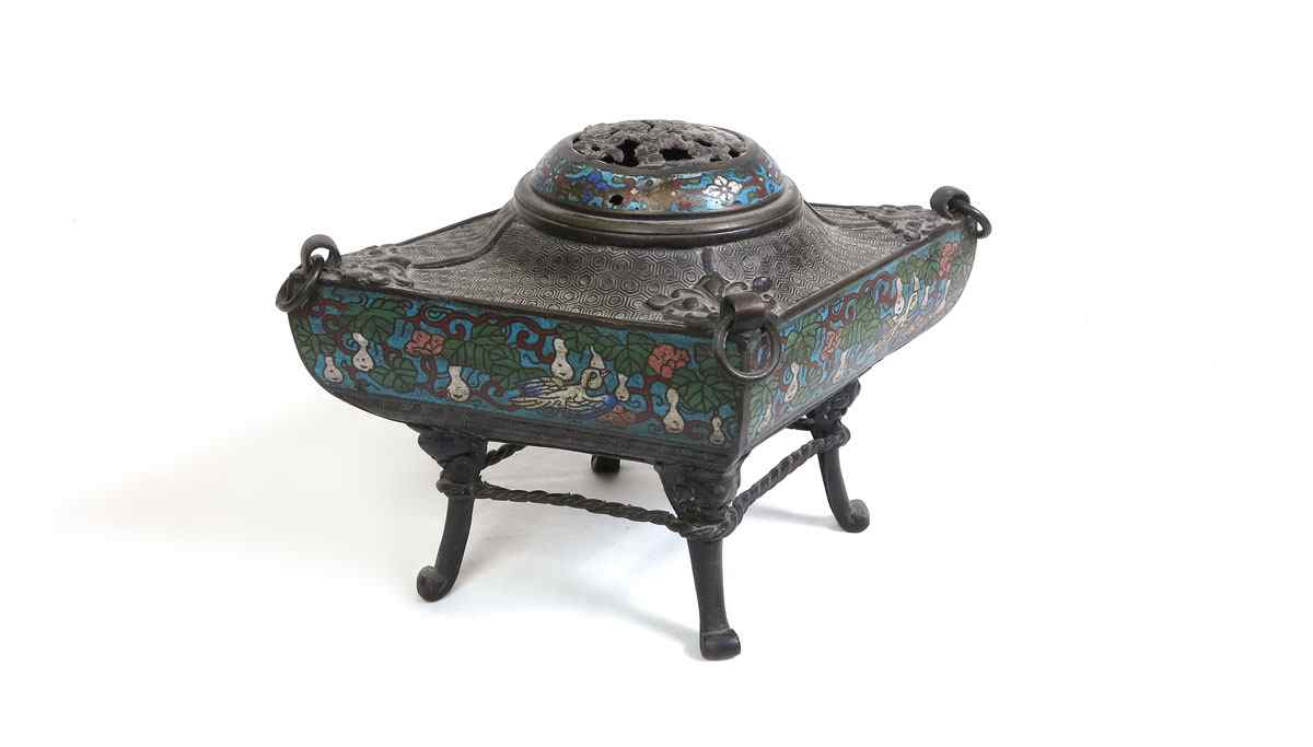 Appraisal: th C CHINESE CHAMPLEVE CENSOR Diamond shaped with enameled frieze