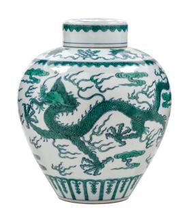 Appraisal: A White Ground Green Decorated Porcelain Covered Jar A White