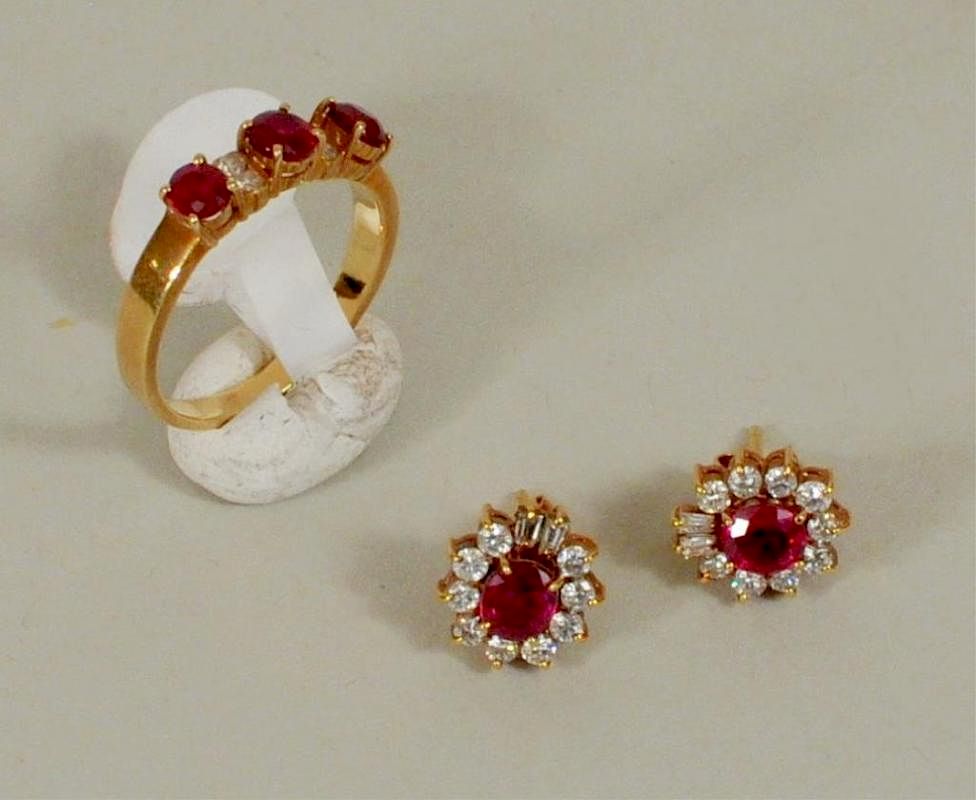 Appraisal: K Gold Ruby Diamond Earrings K Ring A pair of