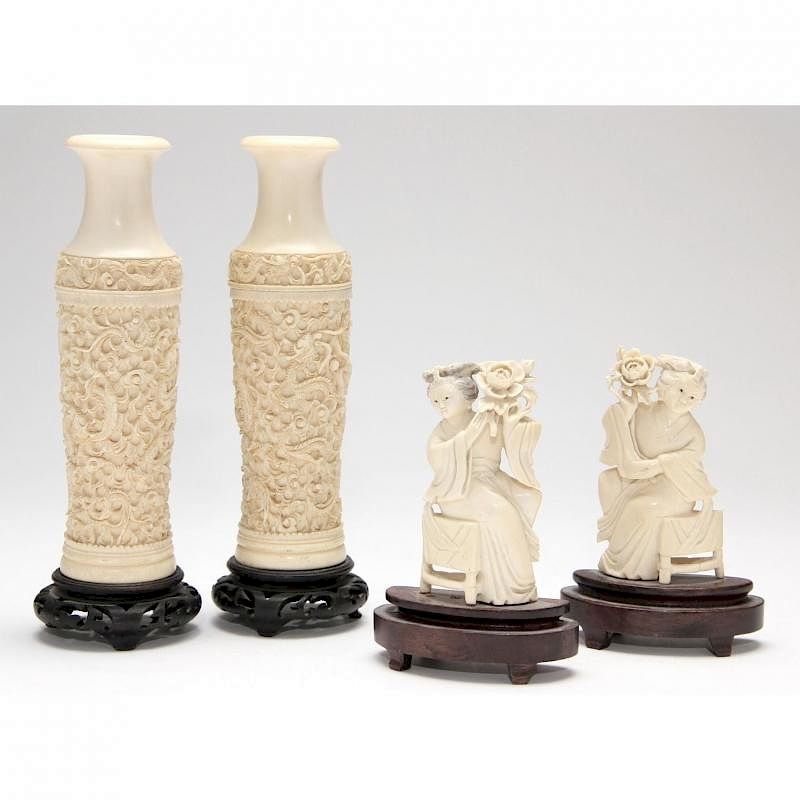 Appraisal: Chinese Ivory Vasiform Candlesticks and a Pair of Seated Maidens