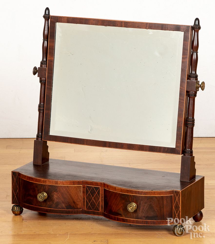 Appraisal: Regency inlaid mahogany shaving mirror Regency inlaid mahogany shaving mirror