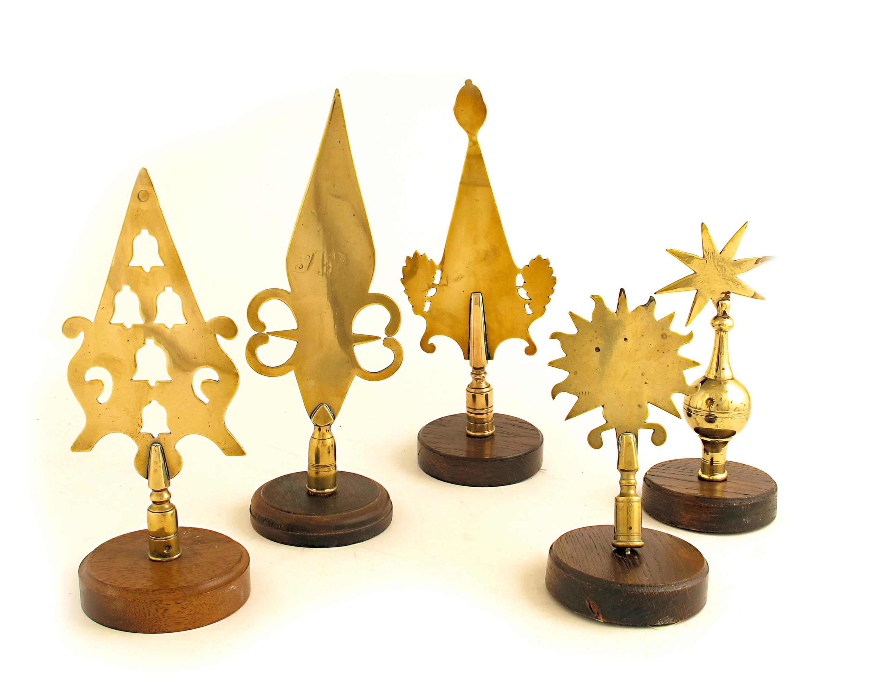 Appraisal: Five brass Friendly Society pole heads