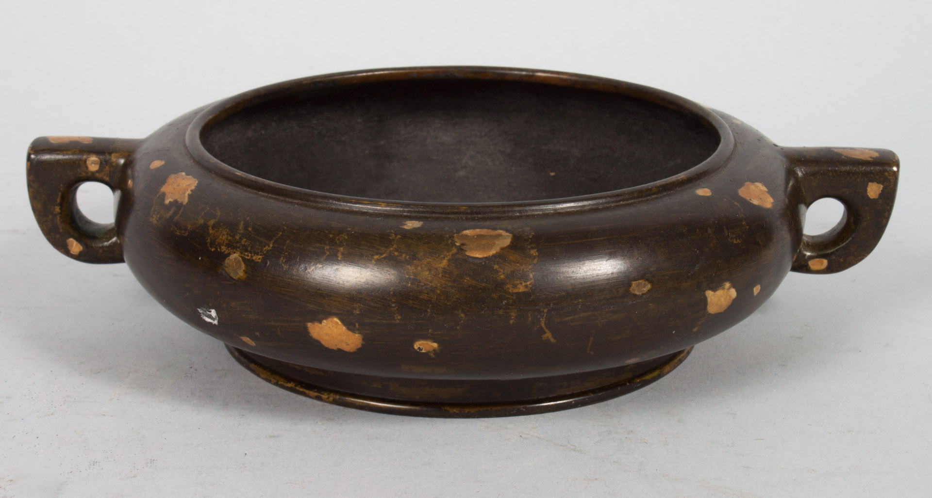 Appraisal: Chinese bronze censer bow form with two ring handles green